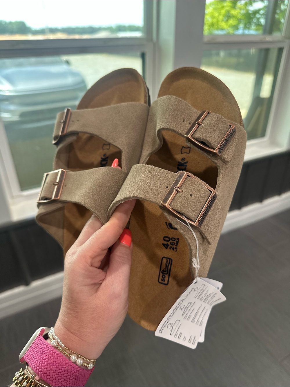 Birkenstock Arizona Suede Sandals in Taupe with Rose Gold Buckles